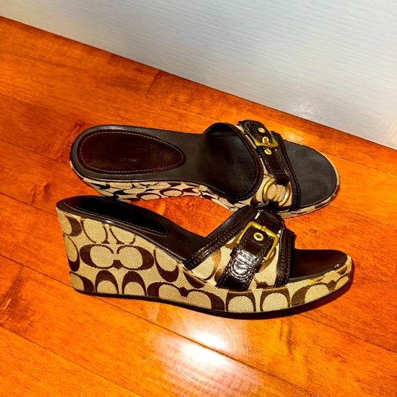 Coach Signature Wedge Sandals, Brown and Tan - Picture 1 of 5